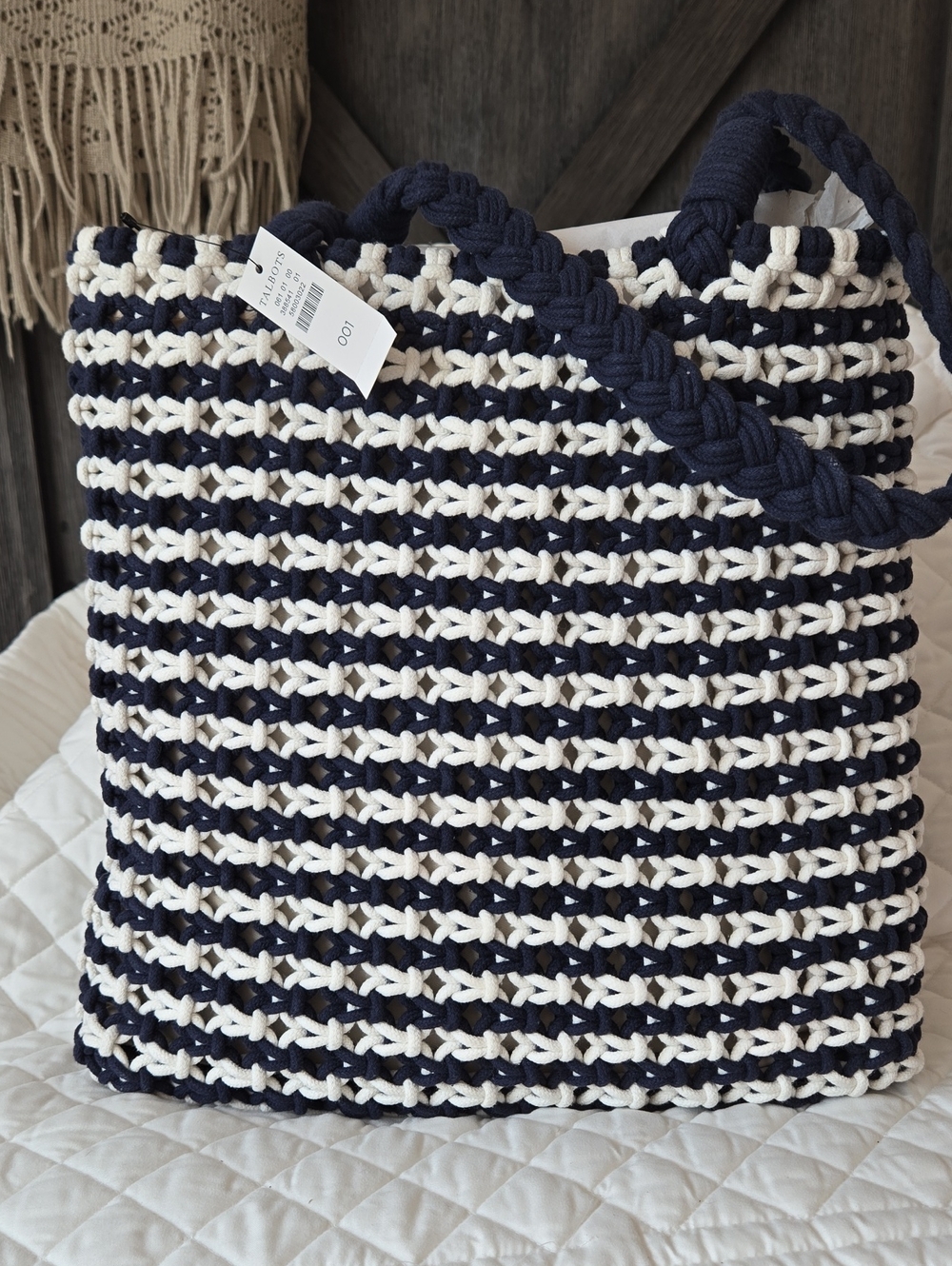 Talbots Navy and White Braided Tote with Chunky Handles